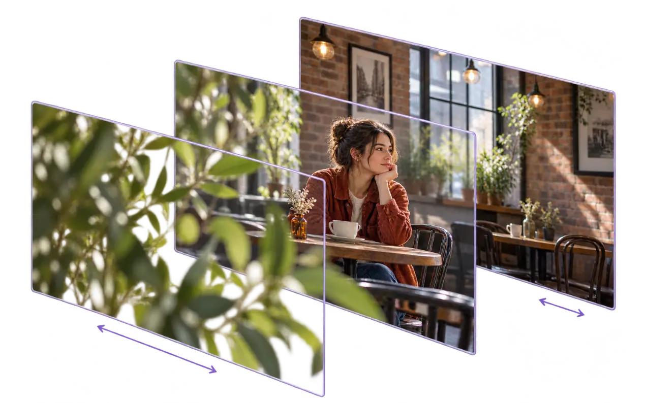 Cafe photograph separated into foreground leaves, subject, and background planes for parallax
