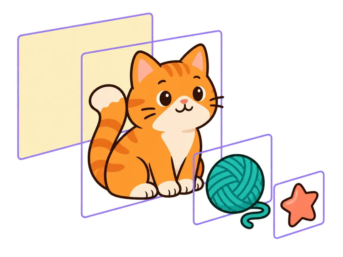 Exploded illustration layers showing an orange cat, yarn ball, star, and background