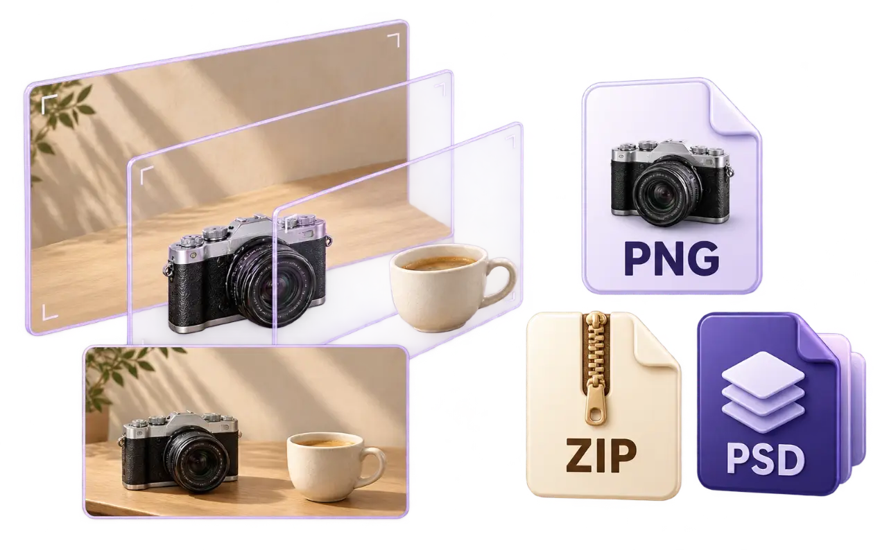 Separated camera, cup, and background layers with PNG, ZIP, and PSD export formats