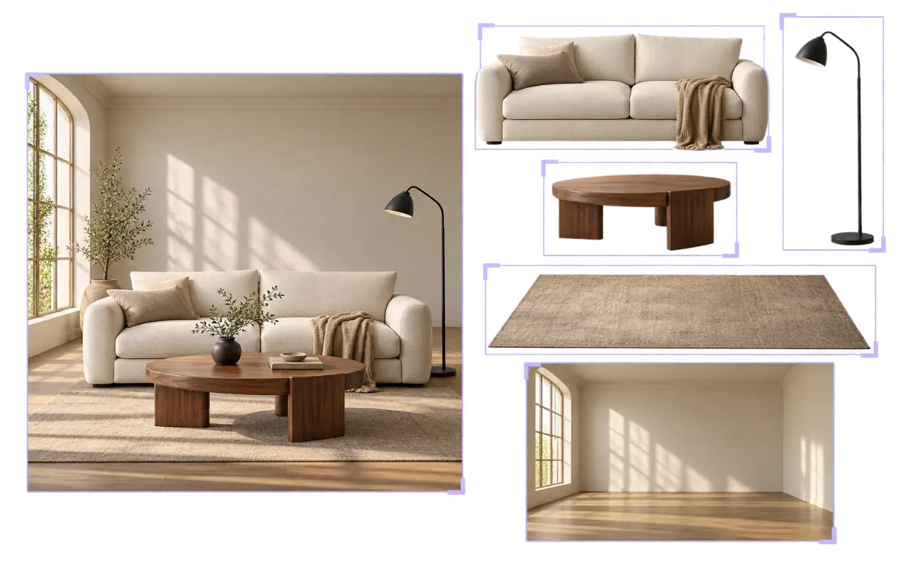 Living room separated into sofa, coffee table, floor lamp, rug, and background layers