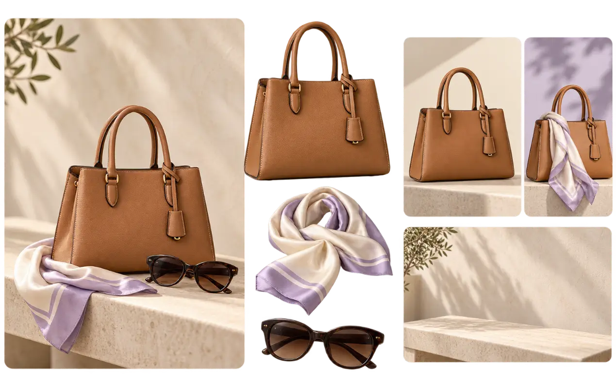 Handbag, scarf, and sunglasses separated from a product photograph for reuse
