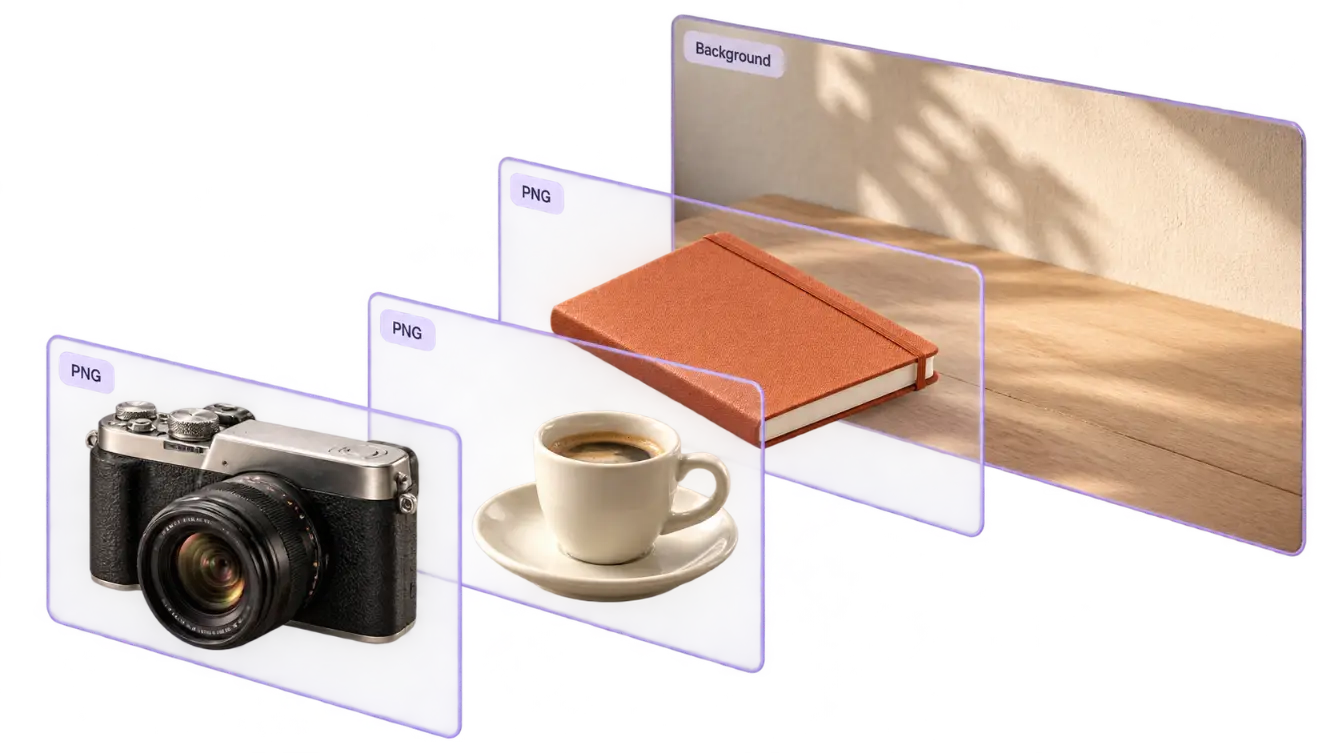 Camera, coffee cup, and notebook exported as transparent PNG layers above a completed background