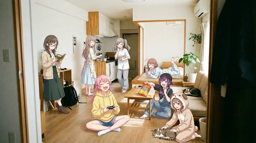 为这个写实的实景场景房间添加多位性格各异的动漫风格女孩，正在举办一场热闹的居家派对，确保房间是写实风格，只有少女为动漫风格。

一位留着粉色波波头、穿着大号亮黄色连帽卫衣和牛仔短裤的女孩，盘腿坐在客厅中央地毯上，手里紧握游戏手柄，正仰头大笑。

另一位戴着反戴棒球帽、身穿宽松工装背带裤和条纹T恤的女孩，坐在米色沙发上身体前倾，表情紧张专注地盯着（画面外的）屏幕，咬着嘴唇。

在左侧厨房区域，一位系着碎花围裙、穿着淡蓝色连衣裙的长发女孩，正站在灶台前用勺子搅拌锅里的食物，脸上带着温柔的微笑回头看大家。

在她旁边，一个扎着双马尾、穿着宽松灰色运动裤和白色大T恤的女孩，正偷偷从料理台上的碗里拿零食吃，俏皮地对着镜头眨眼。

后方抬高的榻榻米区域床上，一位穿着柔和 pastel 色调冰淇淋图案家居服的女孩趴在被子上，翘着脚，一边滑手机一边咯咯地笑。

靠左墙木质书架旁，一位戴着圆眼镜、穿着米色针织开衫和深绿色长裙的文静女孩，正站着依靠在柜子上，全神贯注地低头读一本书。

在茶几旁边，一位染着紫色头发、穿着印有摇滚乐队图案T恤和破洞牛仔裤的女孩，正兴奋地撕开一大包薯片准备分享，表情期待。

在沙发旁边的地板上，一位穿着毛茸茸动物耳朵连体睡衣的女孩跪在那里，温柔地抚摸着那只正在熟睡的狸花猫，嘴角带着治愈的微笑。