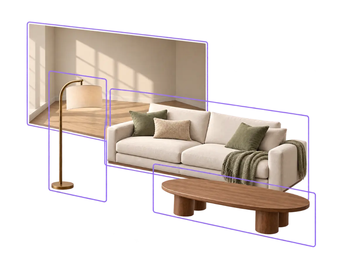 Exploded layer view of a sofa, floor lamp, coffee table, and room background