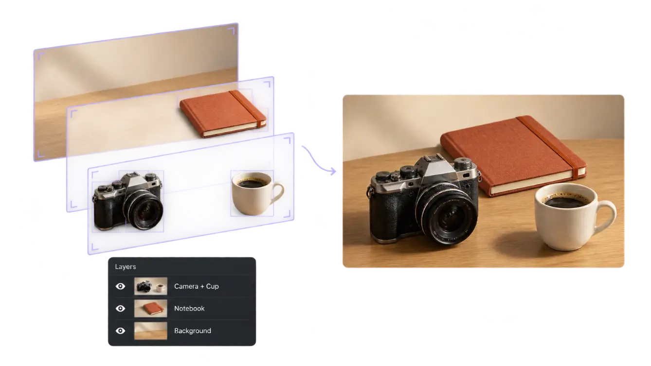 Camera, cup, notebook, and background layers recomposed into a tabletop photograph