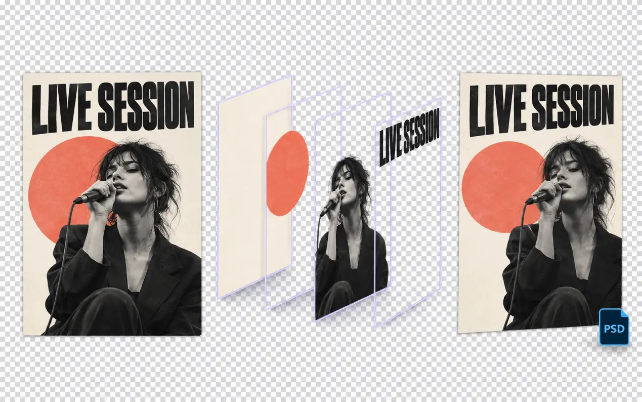 Live session poster separated into background, graphic, singer, and text raster layers