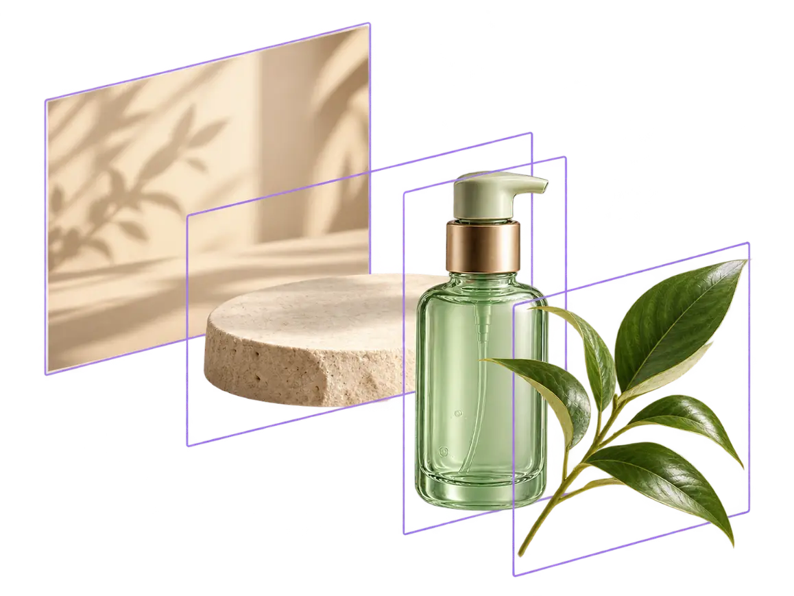 Exploded layer view of a green pump bottle, stone platform, leaves, and background