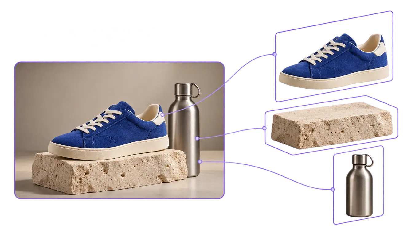 Blue sneaker product scene separated into a shoe, stone platform, and metal bottle