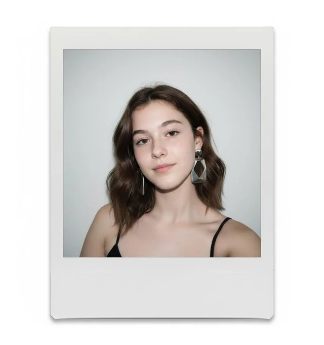 Pick a hairstyle or accessory for me—like chic bangs, a sleek bun, soft waves, or bold statement earrings. I’ll generate an instant camera portrait in full color, centred in the shot against a white backdrop, facing the camera. The final image will have bright, direct flash, high contrast, and dramatic shadows to nail the instant photo vibe. The printed photo will sit on a matte white surface for that authentic analog feel.