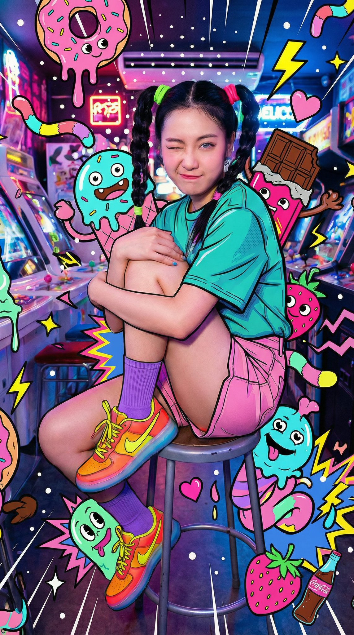 { "subject": { "type": "young woman", "pose": "sitting sideways on an arcade stool, one knee up, hugging legs loosely, winking with exaggerated cuteness", "expression": "playful and lively" }, "clothing": { "top": "teal t-shirt with comic-outline shading", "bottom": "pink shorts", "socks": "purple crew socks", "shoes": "bright neon sneakers with translucent soles" }, "hair": { "color": "black", "style": "braided pigtails with neon hair ties" }, "environment": { "setting": "retro arcade interior", "details": "glowing cabinets, colorful reflections, cluttered neon lights" }, "lighting": { "type": "intense neon mixed lighting", "mood": "electric, colorful, kinetic" }, "camera": { "angle": "low-medium angle", "lens_effect": "wide lens, subtle distortion for dynamic feel", "framing": "tight arcade framing" }, "art_overlay": { "style": "overloaded sweets-monster pop-art", "description": "a hyper-busy explosion of candy-inspired monsters and neon shapes surrounding the subject while keeping skin photorealistic", "illustrated_elements": { "monsters": "goofy cute-ugly creatures made of donuts, chocolate chunks, banana ghosts, candy worms, gummy bears, soda bottles, strawberries, melting ice cream blobs", "graphic_shapes": "drips, splashes, stars, hearts, zigzags, spirals, speed lines, sparkles, comic bursts without text", "style": "flat graphic shapes with thick black outlines and bright neon hues" }, "placement_and_density": { "behavior": "extreme density filling almost all negative space", "behind_subject": "background jam-packed with overlapping layers of monsters", "around_subject": "creatures peeking behind shoulders, popping near head, sitting near feet", "over_clothing": "monsters overlapping shirt and shorts with subtle shading interaction", "avoid_skin": "no overlays touching the face, arms, or legs", "depth_layers": "front and back illustration layers creating chaotic dimensionality", "energy_effects": "white spark dots, glowing rims, dynamic speed lines around her" } }, "style": { "overall": "hyper-realistic photography merged with maximalist pop-art illustration", "skin_rendering": "photorealistic with natural skin texture, pores, and lighting", "clothing_rendering": "realistic fabric with natural folds and material properties", "illustration_rendering": "flat, neon-bright vector style with thick black outlines" } }