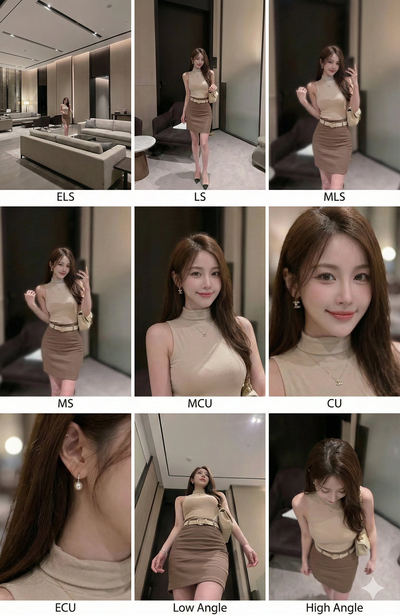 <instruction> (指令)
分析输入图像的整个构图。识别所有存在的关键主体（无论是单人、群体/情侣、车辆还是特定物体）及其空间关系/互动。
生成一个连贯的 3x3 网格"电影印样（Contact Sheet）"，展示在同一环境中完全是这些主体的 9 个不同镜头。
你必须调整标准的电影镜头类型以适应内容（例如，如果是群体，保持群体在一起；如果是物体，构图包含整个物体）：
第 1 行（建立背景）：
大远景 (ELS)： 主体在广阔的环境中显得很小。
全景 (LS)： 完整的主体或群体从上到下可见（从头到脚 / 从车轮到车顶）。
中远景 (美式镜头/四分之三)： 构图从膝盖以上（针对人物）或 3/4 视角（针对物体）。
第 2 行（核心覆盖）：
4. 中景 (MS)： 构图从腰部以上（或物体的中心核心）。聚焦于互动/动作。
5. 中特写 (MCU)： 构图从胸部以上。主要主体的亲密构图。
6. 特写 (CU)： 紧凑构图于脸部或物体的"正面"。
第 3 行（细节与角度）：
7. 大特写 (ECU)： 强烈聚焦于关键特征（眼睛、手、标志、纹理）的微距细节。
8. 低角度镜头 (仰视/虫眼)： 从地面仰望主体（壮观/英雄感）。
9. 高角度镜头 (俯视/鸟瞰)： 从上方俯瞰主体。
确保严格的一致性：所有 9 个面板中是相同的人物/物体、相同的衣服和相同的光照。景深应逼真地变化（特写镜头中的背景虚化）。
</instruction>
一个包含 9 个面板的专业 3x3 电影故事板网格。
该网格以全面的焦距范围展示输入图像中的特定主体/场景。
顶行： 宽广环境镜头，全视图，3/4 剪辑（膝上景）。
中间行： 腰部以上视图，胸部以上视图，脸部/正面特写。
底行： 微距细节，低角度，高角度。
所有帧均具有照片般逼真的纹理，一致的电影级调色，以及针对所分析的主体或物体特定数量的正确构图。