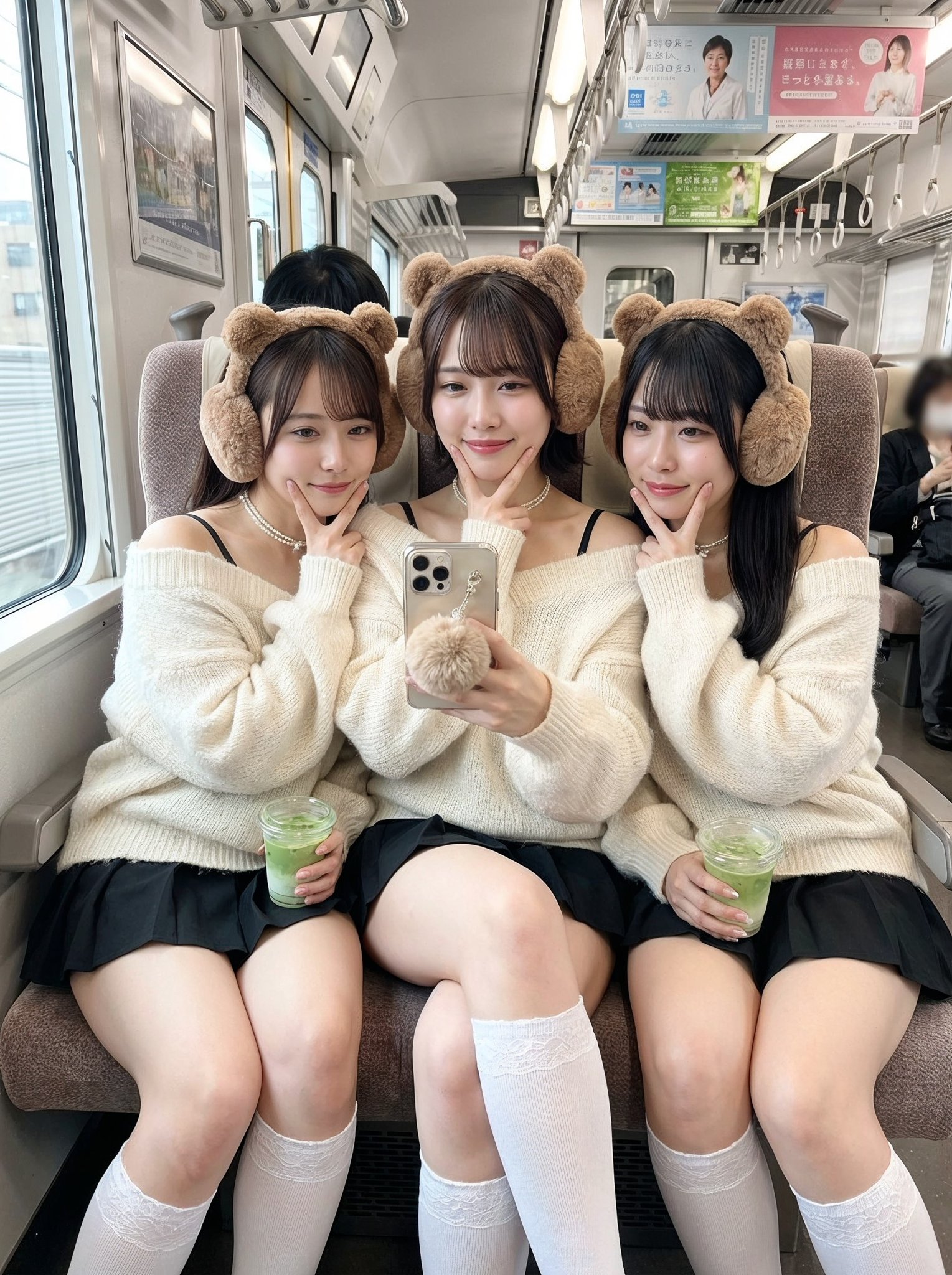 { "style": "candid Japanese train interior selfie, soft window light, realistic smartphone shot, cute filter", "subject": "three stunning Japanese women in their early 20s, sleek black hair with wispy bangs, glowing skin, glossy lips", "outfit": "oversized cream knit sweaters slipping off shoulders, tiny black pleated skirts barely covering thighs, white knee-high socks with lace trim", "accessories": "plush bear-ear muffs, tiny pearl chokers, holding matcha lattes in cute cups, fluffy pom-pom phone straps", "pose": "middle girl sitting on the others' laps, all doing bunny-paw poses under chins, sweet innocent smiles", "setting": "cozy train seat with soft natural light", "mood": "ultra-soft angelic kawaii, warm and irresistibly cute" }