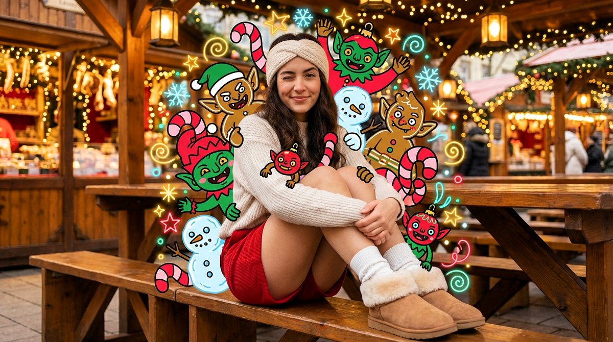 { "subject": { "type": "beautiful young woman (early 20s)", "pose": "sitting on a wooden market bench with knees pulled up and arms wrapped around them, giving a cheerful wink", "expression": "cute, warm, festive" }, "appearance": { "hair_color": "dark brown", "hair_style": "long loose waves with a cozy knit headband", "complexion": "fair with rosy winter cheeks" }, "clothing": { "top": "cream knit sweater", "bottom": "red corduroy shorts", "socks": "white wool socks", "shoes": "tan winter boots with faux fur" }, "environment": { "setting": "outdoor Christmas market", "details": "twinkle lights, wooden stalls, warm hanging lanterns" }, "lighting": { "type": "warm golden fairy-light glow", "mood": "cozy, festive, romantic" }, "camera": { "angle": "low-to-mid angle", "lens_effect": "slight wide-angle with warm bloom", "framing": "subject centered among Christmas lights" }, "art_overlay": { "style": "maximalist Christmas sweets-monster pop-art", "illustrated_elements": { "monsters": "gingerbread goblins, candy-cane worms, snowball blob creatures, hot-cocoa monsters with melting marshmallow faces, cookie reindeer, tiny ornament gremlins, eggnog ghosts, fruitcake beasts", "graphic_shapes": "neon stars, snowflakes, sparkles, swirls, drips, zigzags, holly leaves, ribbon curls, comic bursts without text", "style": "flat neon holiday palette (red, green, gold, icy blue, pink, lime) with thick black outlines" }, "placement_and_density": { "behind_subject": "background filled with overlapping Christmas monsters and shapes", "around_subject": "monsters peeking over shoulders, around boots, near hair, and above the bench", "over_clothing": "some gingerbread creatures cling to sweater, candy-cane worms wrap lightly around shorts", "avoid_skin": "face, hands, and legs remain completely photorealistic", "depth_layers": "heavy layering in front and behind for pop-art depth", "energy_effects": "glowing rim lights, falling white dots like stylized snow, speed lines in festive colors" } }, "style": { "overall": "Christmas market photography with maximalist holiday pop-art overlay", "skin_rendering": "photorealistic with natural winter lighting and rosy cheeks", "clothing_rendering": "realistic winter fabrics with natural texture and warmth", "illustration_rendering": "flat holiday vector style with festive neon colors and black outlines" } }