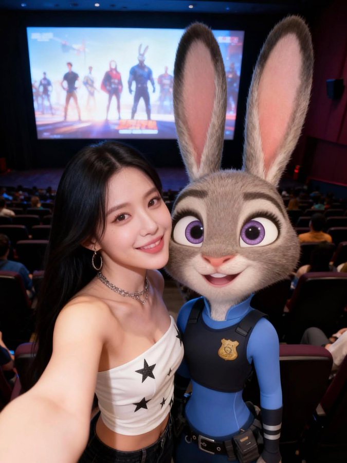 {
  "prompt": {
    "characters": [
      {
        "name": "Miyeon",
        "description": "beautiful young Korean woman, smiling, long black hair, wearing a white strapless top with black stars, silver necklace"
      },
      {
        "name": "Judy Hopps",
        "description": "Disney character from Zootopia, wearing police uniform, smiling"
      }
    ],
    "scene": {
      "location": "slightly dark, crowded movie theater/cinema hall",
      "background": "large movie screen showing a scene with multiple male characters in action poses",
      "lighting": "cinematic lighting"
    },
    "interaction": "Miyeon taking a selfie with Judy Hopps, standing side-by-side",
    "style": "photorealistic, ultra-detailed, 8K"
  }
}