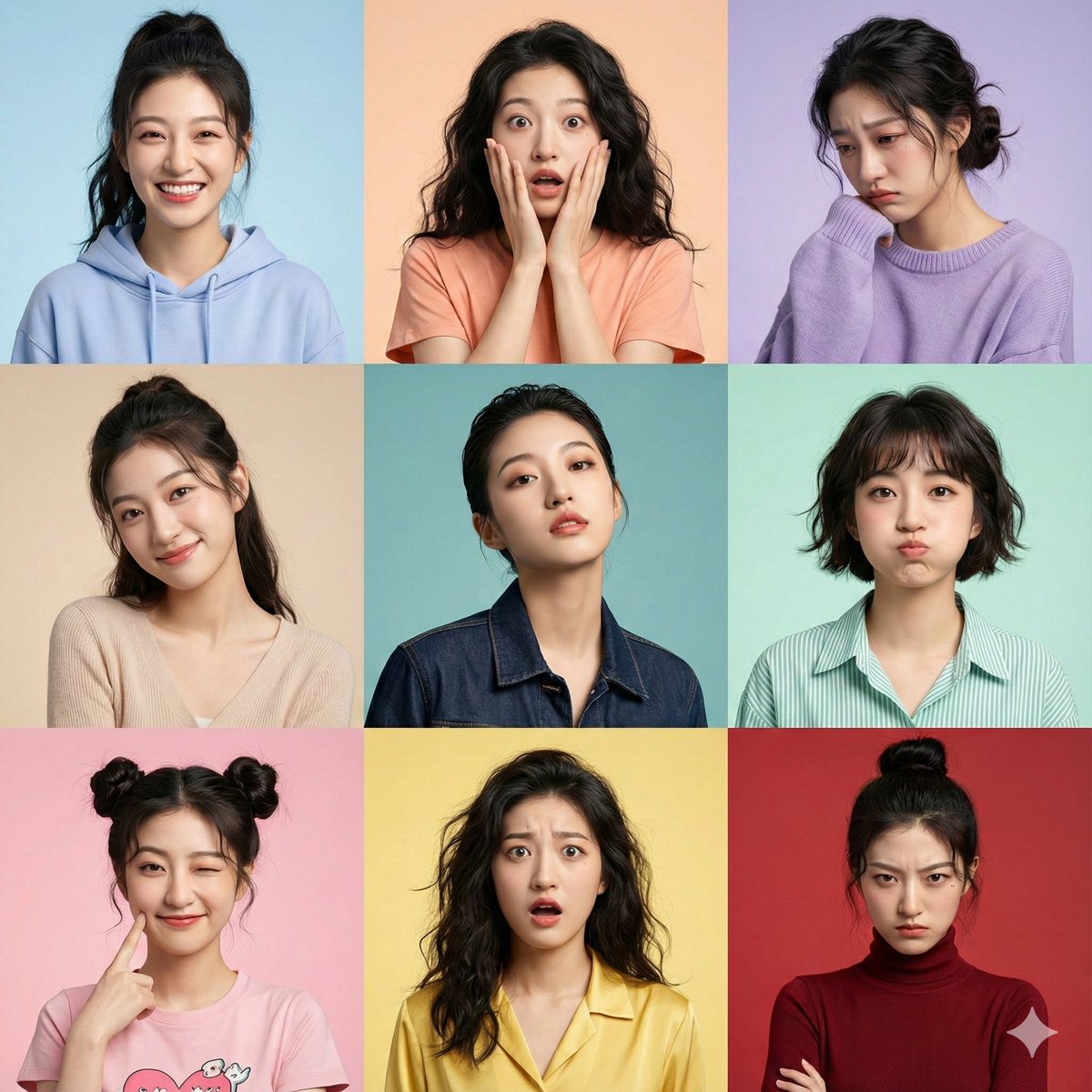 {
  "image_prompt": {
    "critical_instruction": "ABSOLUTE PRIORITY: Maintain identical facial structure across all panels. Do not alter underlying bone structure, nose shape, eye spacing, or jawline regardless of the expression being rendered. The identity must be unmistakable in every single shot.",
    "format": "3x3 grid collage",
    "subject": {
      "face_reference": "uploaded_photo",
      "face_identity_lock": "CRITICAL: fixed identity, zero deviation from reference facial features",
      "face_match_accuracy": "100% exact match enforced",
      "identity_preservation_details": "Ensure consistent interpupillary distance, exact nose bridge shape, and jaw structure in every panel.",
      "negative_constraints": [
        "do not morph nose shape",
        "do not change eye size or spacing",
        "do not alter cheekbone structure",
        "no plastic surgery look"
      ],
      "style": "hyper-realistic portrait photography, 8k resolution, raw photo aesthetic",
      "skin": "highly detailed natural skin texture, visible pores, subtle imperfections, realistic complexion, consistent across all lighting conditions",
      "camera_settings": "shot on Sony A7R IV, 85mm portrait lens, f/1.8 aperture, sharp focus on eyes, shallow depth of field"
    },
    "panels": [
      {
        "expression": "joyful",
        "pose": "bright natural smile (maintaining jaw structure), shoulders slightly raised",
        "hairstyle": "high ponytail with loose strands",
        "outfit": "pastel cotton hoodie",
        "background": "soft gradient sky blue studio backdrop"
      },
      {
        "expression": "surprised",
        "pose": "hands near face, wide eyes (without altering eye shape), natural reaction",
        "hairstyle": "loose natural wavy hair",
        "outfit": "casual cotton t-shirt",
        "background": "light peach studio backdrop"
      },
      {
        "expression": "sad",
        "pose": "head tilted down, emotional soft eyes",
        "hairstyle": "messy low bun",
        "outfit": "oversized wool sweater",
        "background": "muted lavender tone studio backdrop"
      },
      {
        "expression": "tender",
        "pose": "gentle smile, head slightly tilted",
        "hairstyle": "elegant half-up hairstyle",
        "outfit": "soft knit top",
        "background": "warm beige studio backdrop"
      },
      {
        "expression": "daring",
        "pose": "confident gaze, chin slightly raised (showing consistent jawline)",
        "hairstyle": "chic slicked-back hair",
        "outfit": "stylish leather or denim jacket",
        "background": "deep teal studio backdrop"
      },
      {
        "expression": "playful",
        "pose": "cheeks slightly puffed (ensure nose remains unchanged), playful stare",
        "hairstyle": "short textured bob",
        "outfit": "striped linen shirt",
        "background": "soft mint green studio backdrop"
      },
      {
        "expression": "charming",
        "pose": "wink with finger poking cheek",
        "hairstyle": "playful double buns",
        "outfit": "trendy graphic tee",
        "background": "light pink studio backdrop"
      },
      {
        "expression": "shocked",
        "pose": "mouth slightly open, eyebrows raised (forehead wrinkles match reference age)",
        "hairstyle": "tousled loose hair",
        "outfit": "simple silk blouse",
        "background": "light yellow studio backdrop"
      },
      {
        "expression": "furious",
        "pose": "arms crossed, intense glare (eyes narrowed but spacing unchanged)",
        "hairstyle": "tight high bun",
        "outfit": "dark fitted turtleneck",
        "background": "deep red studio backdrop"
      }
    ],
    "rendering": {
      "lighting": "cinematic studio lighting, softbox illumination, remix of warm and cool tones, rim light for separation",
      "shading": "realistic shadows, subsurface scattering on skin, consistent facial modeling",
      "quality": "photorealistic, ultra-detailed, award-winning photography, magazine quality",
      "consistency": "FLAWLESS identity consistency and lighting setup across all 9 panels"
    },
    "composition": {
      "grid_alignment": "perfectly aligned 3x3 photo booth strip style",
      "spacing": "equal white margins between panels",
      "background_border": "clean white border"
    }
  }
}