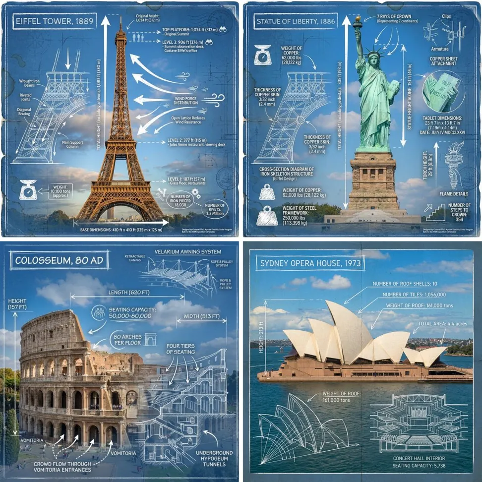 Create an infographic image of [LANDMARK], combining a real photograph of the landmark with blueprint-style technical annotations and diagrams overlaid on the image. Include the title "[LANDMARK]" in a hand-drawn box in the corner. Add white chalk-style sketches showing key structural data, important measurements, material quantities, internal diagrams, load-flow arrows, cross-sections, floor plans, and notable architectural or engineering features. Style: blueprint aesthetic with white line drawings on the photograph, technical/architectural annotation style, educational infographic feel, with the real environment visible behind the annotations.