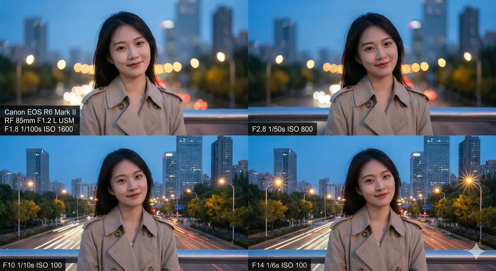 佳能相机，85mm 定头，生成 1.8F、2.8F、10F、 14F 光圈逐渐变化的效果，温柔大美女作为模特，背景是黄昏之后的城市蓝调时刻
