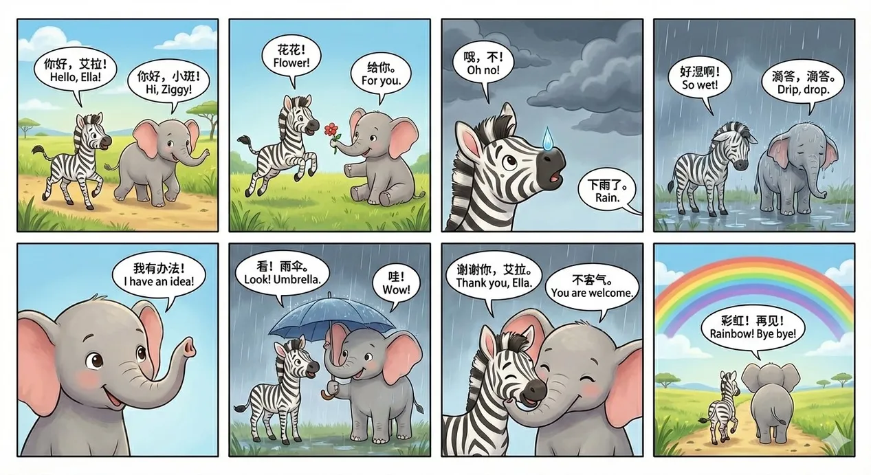 帮我生成一个 8 页的连环画，给 2 岁半的小朋友讲故事用，用中英文标出简短对话，主角是一只斑马和一只大象的故事，需要多角度展现主角，保持主角的一致性
