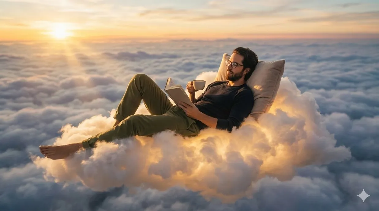 the person from the reference photo ( keep the face of the person 100% accurate from the reference image ) relaxing on a fluffy, glowing cloud high above the sky, surrounded by soft golden sunlight and vast layers of clouds stretching to the horizon. the person is lying back comfortably with a pillow, wearing a dark long-sleeve shirt, olive green pants, and glasses, holding a book in one hand and a coffee cup in the other. the lighting is cinematic and warm, capturing the golden hour ambiance with radiant highlights and gentle shadows across the clouds. captured with a wide-angle lens at medium depth of field, balancing focus between the subject and the surrounding dreamy sky. the overall atmosphere is surreal and serene, blending realism with fantasy in a peaceful, imaginative setting.