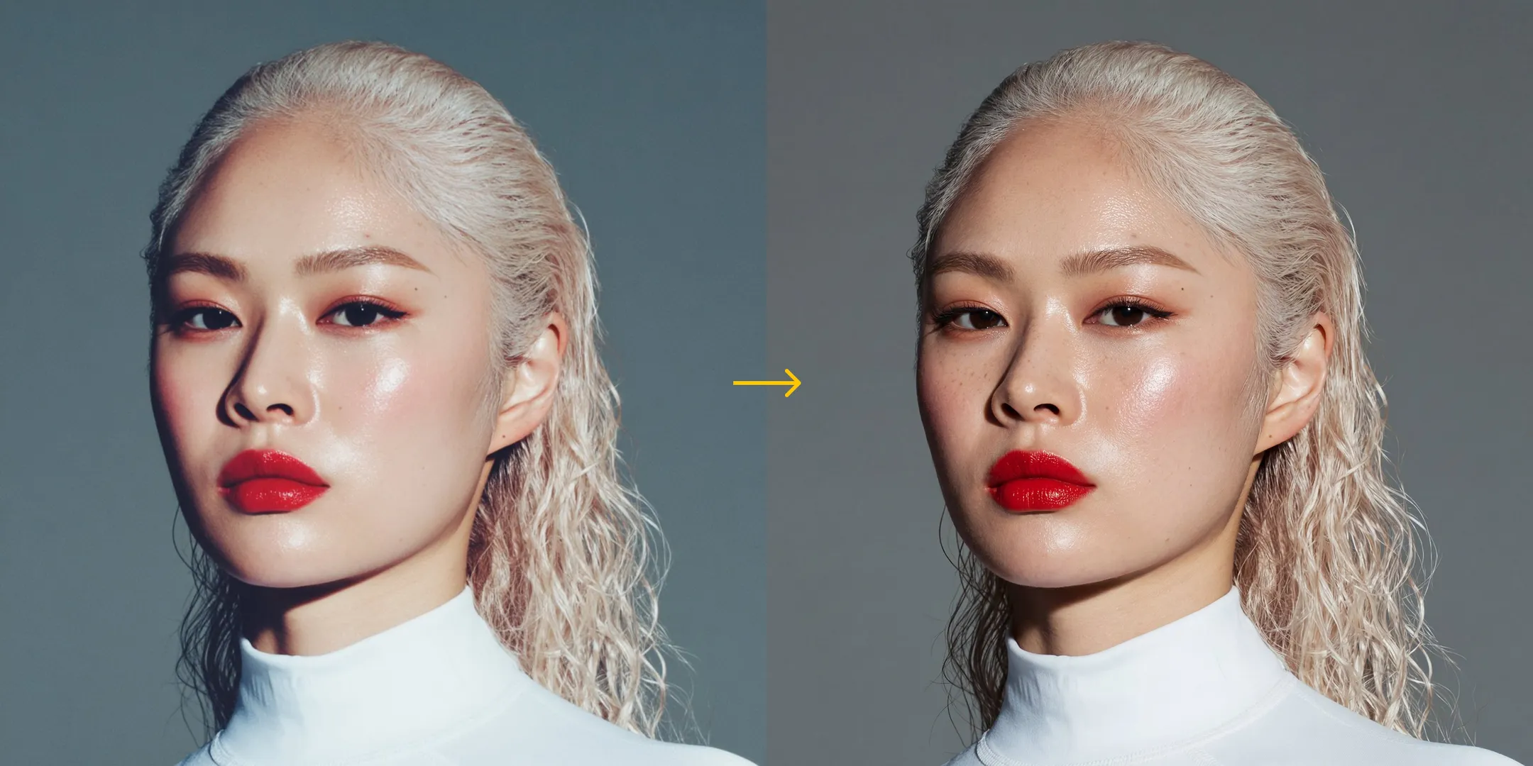 Enhance and upscale the image while keeping composition and colors identical. Eliminate blur and give the skin a lifelike, detailed look: clear pores, faint fine lines, light freckles, and realistic transitions between shadow and highlight. Maintain the tone of the light and the background, refine edge sharpness around eyes, lashes, lips and hair strands so the portrait appears like a high-end beauty photograph with natural, unplastic skin.