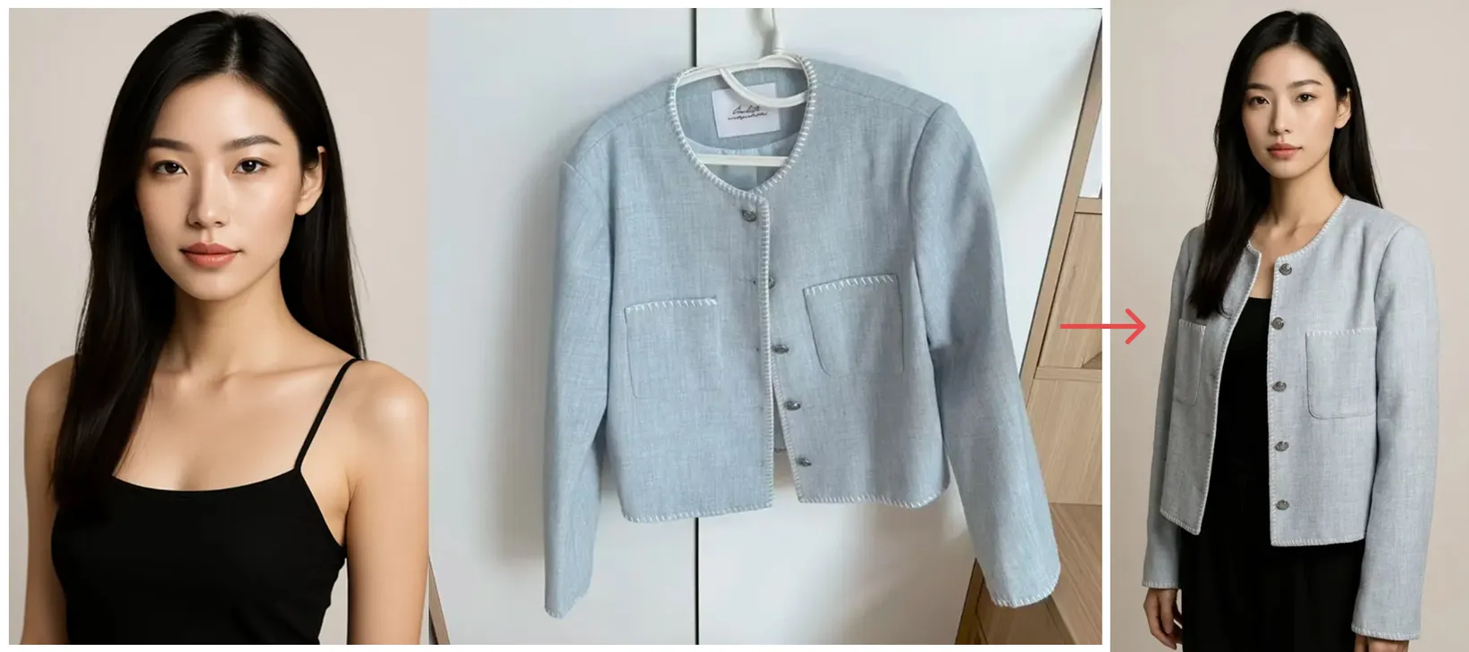 Using Image 1 (the garment) and Image 2 (the model), create a hyper-realistic full-body fashion photo where the model is wearing the garment. Crucial Fit Details : The [T-shirt/Jacket] must drape naturally on the model's body, conforming to their posture and creating realistic folds and wrinkles . High-Fidelity Preservation : Preserve the original fabric texture, color, and any logos from Image 1 with extreme accuracy. Seamless Integration : Blend the garment into Image 2 by perfectly matching the ambient lighting, color temperature, and shadow direction . Photography Style : Clean e-commerce lookbook, shot on a Canon EOS R5 with a 50mm f/1.8 lens for a natural, professional look.