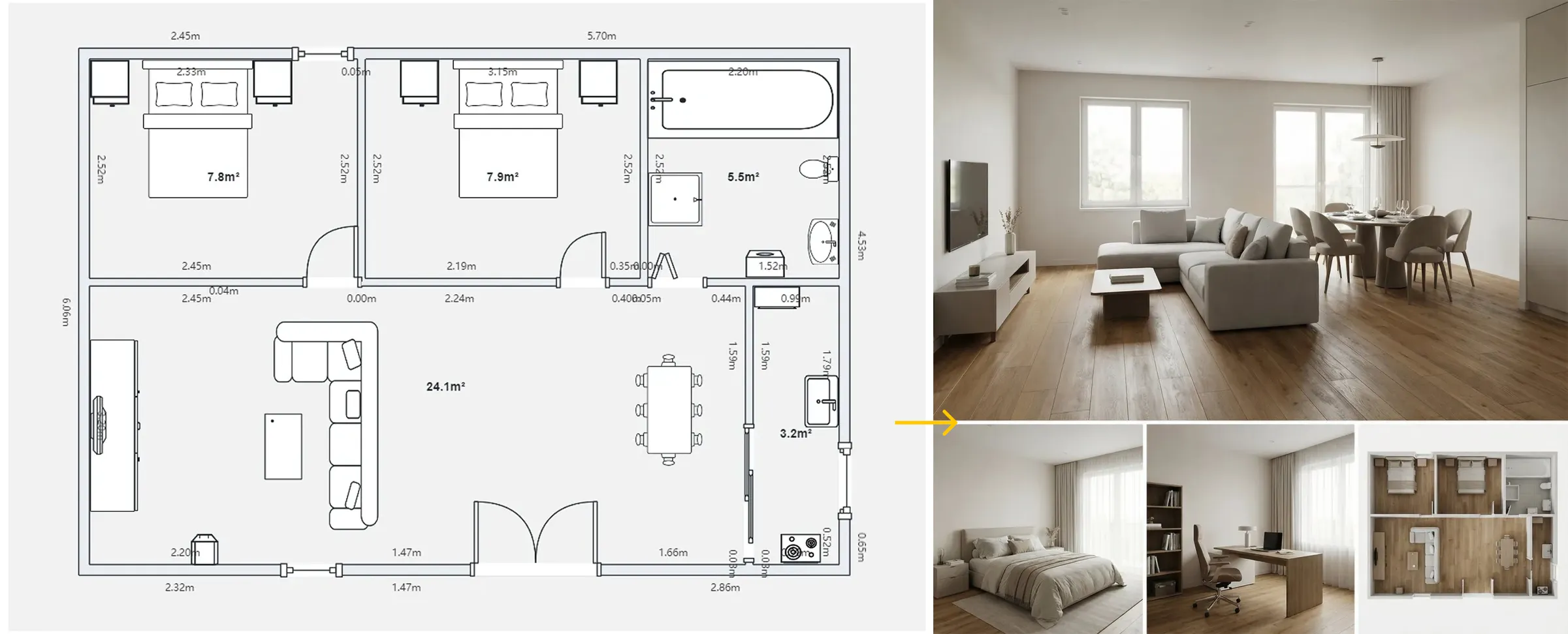 Based on the uploaded 2D floor plan, generate a professional interior design presentation board in a single image. Layout : The final image should be a collage with one large main image at the top, and several smaller images below it. Content of Each Panel :

1. Main Image (Top) : A wide-angle perspective view of the main living area , showing the connection between the living room and dining area.

2. Small Image (Bottom Left) : A view of the Master Bedroom , focusing on the bed and window.

3. Small Image (Bottom Middle) : A view of the Home Office / Study room .

4. Small Image (Bottom Right) : A 3D top-down floor plan view showing the furniture layout. Overall Style : Apply a consistent Modern Minimalist style with warm oak wood flooring and off-white walls across ALL images. Quality : Photorealistic rendering, soft natural lighting.