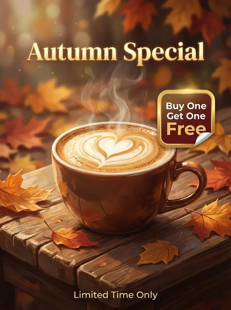 Design a professional promotional poster for a [Coffee Shop]. Composition : A cinematic close-up of a steaming cup of cappuccino on a rustic wooden table, autumn leaves in the background (cozy atmosphere). Text Integration :

1. Main Title : 'Autumn Special' written in elegant, gold serif typography at the top.

2. Offer : 'Buy One Get One Free' clearly displayed in a modern badge or sticker style on the side.

3. Footer : 'Limited Time Only' in small, clean text at the bottom. Quality : Ensure all text is perfectly spelled, centered, and integrated into the image's depth of field.