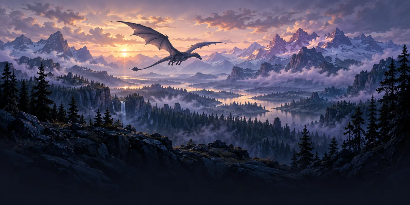 Original fan illustration of a dragon flying over a misty mountain valley at dawn.