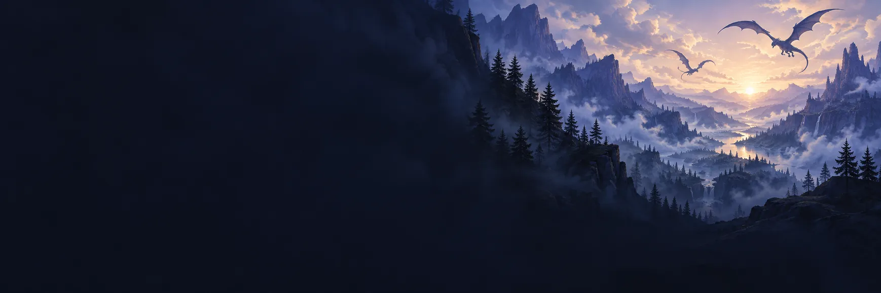 Original fan illustration of two dragons soaring above a forested mountain valley.