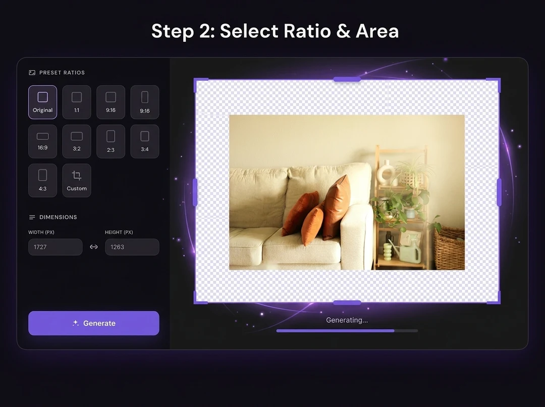 Adjust the frame and let AI extend the missing canvas.