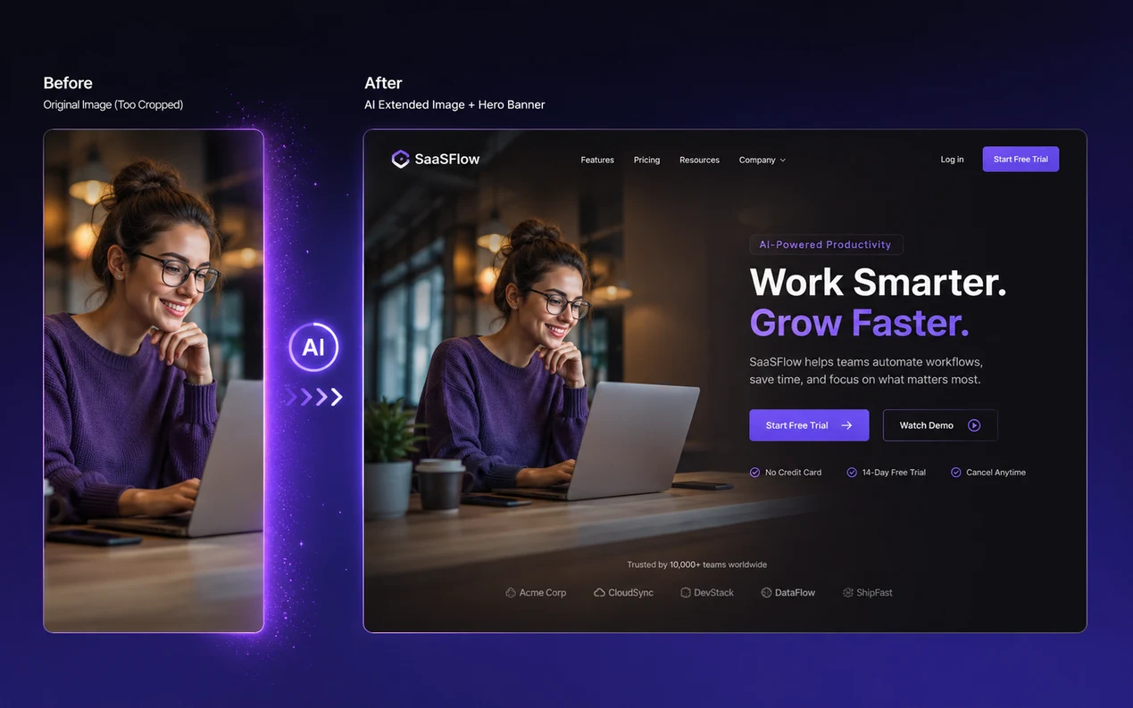 Website hero banner created by extending a source photo with AI.