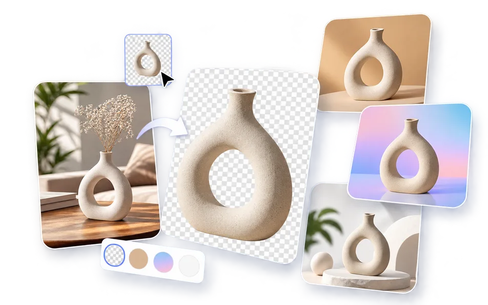 Brand identity assets arranged across different presentation backgrounds.