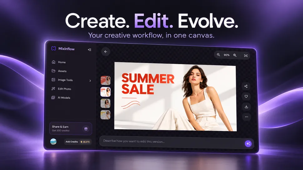 Mixinflow workspace for editing generated images and switching between versions