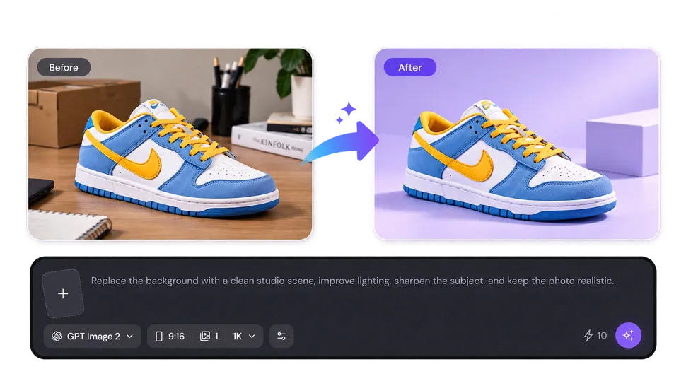 Prompt-based photo editing workspace with a product image