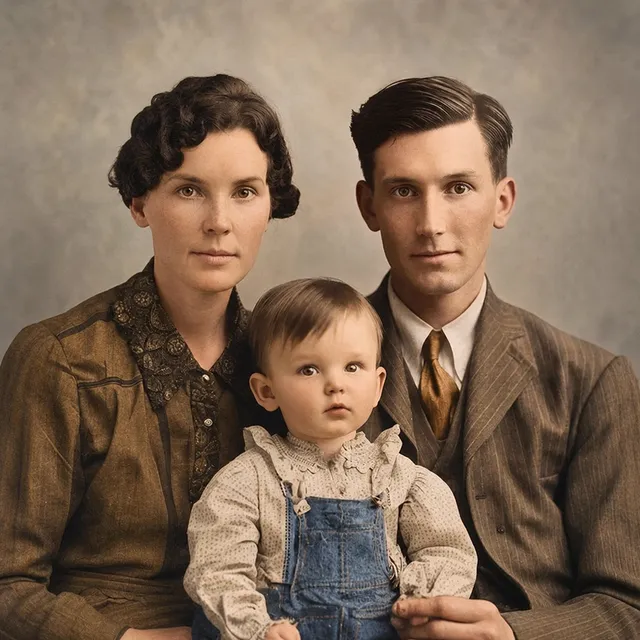 Old photo after AI restoration and colorization